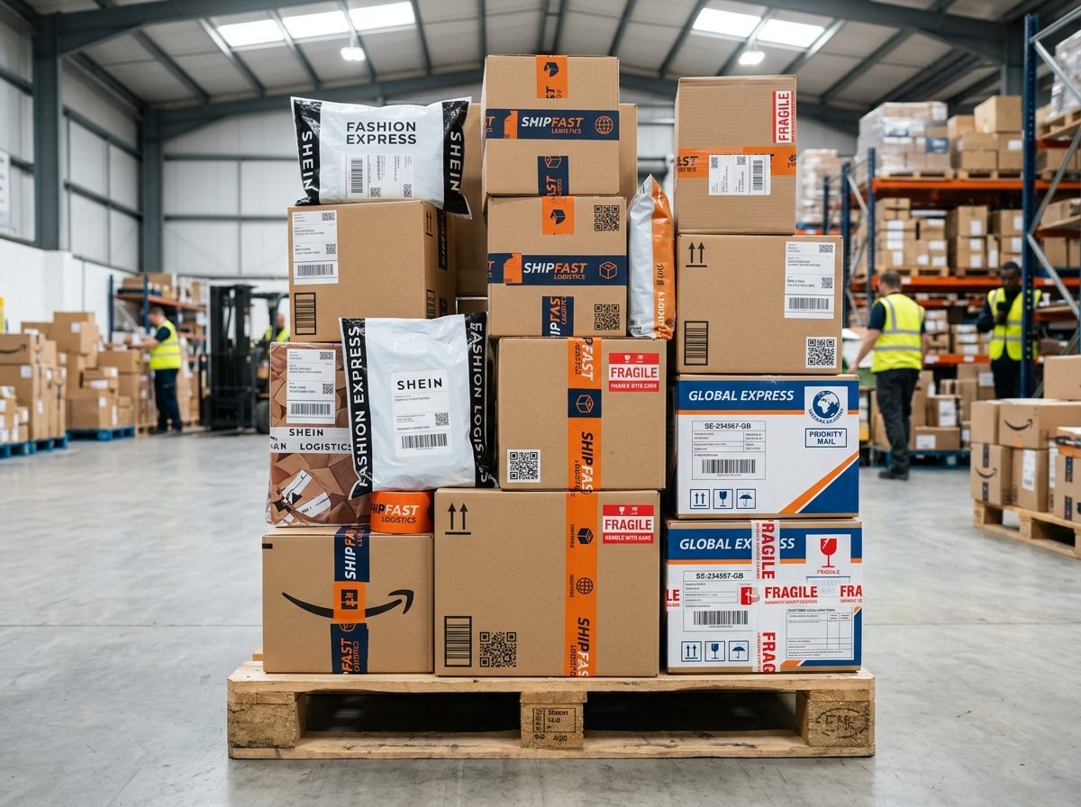 Paquetes de Amazon y SHEIN en bodega de Miami de iBOX
